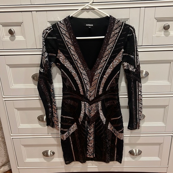 knee length dresses for ladies Express Long Sleeve Deep V Full Sequin Dress NWT- Size S